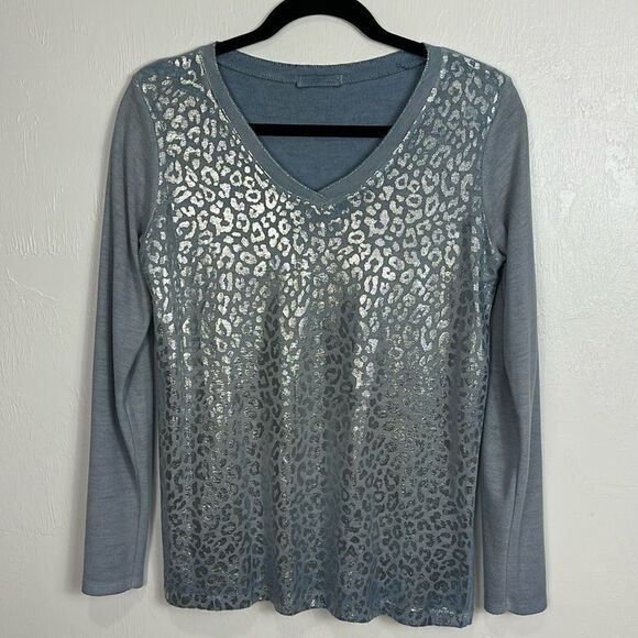 Made In Italy Foil Leopard Pattern Long Sleeve Top In Blue Size M - Picture 1 of 9